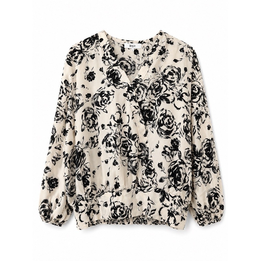 Royalty For Me Womens Blouse Top Black White Floral Print Smocked Hem L